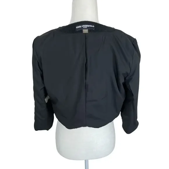 Karl Lagerfeld Paris Tweed Cropped Blazer Jacket Fringe Black Size Small Chic - Picture 7 of 15